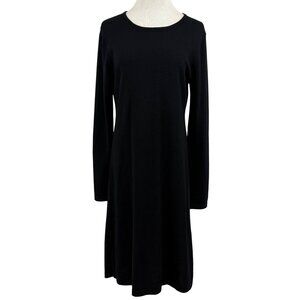 Garnet Hill Sweater Dress Women's Medium Long Sleeve Midi Knit Merino Wool Black